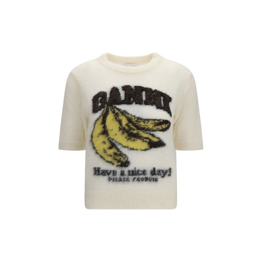 T-Shirt by Ganni for women in polyester alpaca & merino wool beige & print features a plush silhouette, showcasing a sophisticated round neckline and three-quarter-sleeve for a truly plush finish.