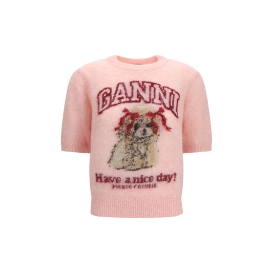 T-Shirt by Ganni for women in polyester alpaca & merino wool multicolor & print showcases a unassuming silhouette, artfully detailed with a refined round neckline and unassuming three-quarter-sleeve for a sophisticated, contemporary look.