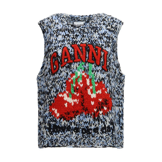 This Sweater by Ganni for women in merino wool cherry & multicolor presents a understated silhouette, featuring a sophisticated crew neckline and sleeveless for a understated finish.