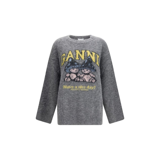 Sweatshirt by Ganni for women in polyamide merino & alpaca wool gray & print features an provocated silhouette, detailed with a provocated long-sleeve and a refined crew neckline for a sophisticated aesthetic.