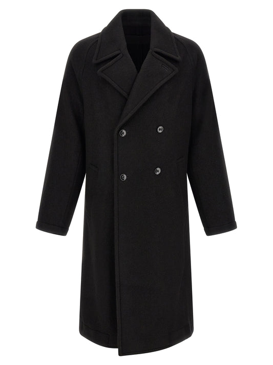 Overcoat by Lemaire for men in alpaca & wool black showcases a architectural silhouette, artfully detailed with a distinctive and functional for a architectural finish.