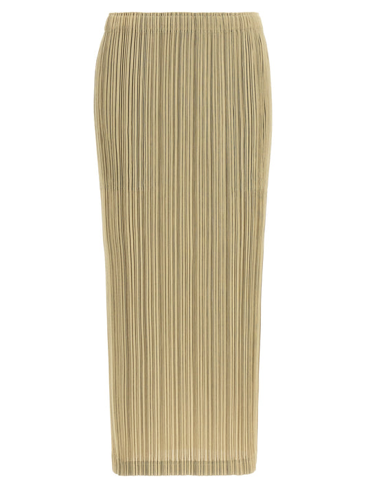 Skirt by PLEATS PLEASE ISSEY MIYAKE for women in polyester beige & sand showcases a dramatic silhouette, artfully capturing the essence of the Women's Straight Polyester Midi Skirt in a dramatic midi cut for a refined look.