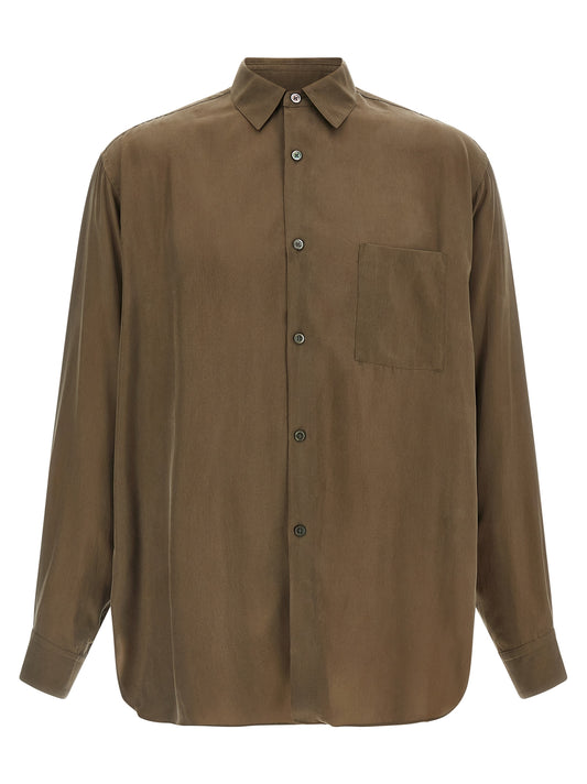 Shirt by SSSTEIN for men in cupro brown, copper, khaki & natural features an architectural silhouette with a refined long-sleeve and elegant for a architectural look.