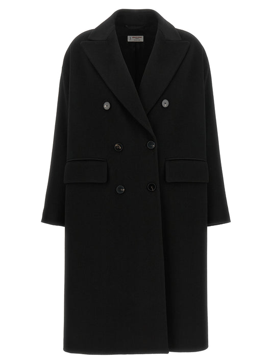 Overcoat by Alberto Biani for women in wool black & horn showcases a architectural silhouette, artfully detailed with a distinctive and functional pockets for a architectural finish.