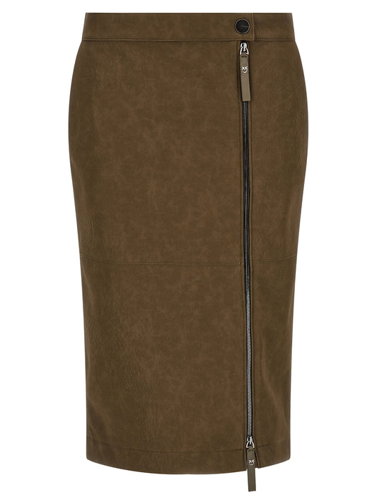 Skirt by PINKO for women in polyester viscose polyamide & nubuck leather brown & olive features an tailored silhouette, artfully capturing the essence of Love Birds Women's Pencil Asymmetrical Polyester Viscose Polyamide & Nubuck Leather Midi Skirt in a sophisticated midi.