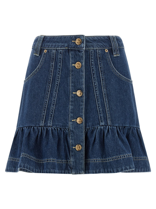 Skirt by FARM RIO for women in denim cotton blue, indigo & signature showcases a sultry silhouette, elegantly defined by its mini long and the sophisticated sultry design of the Women's Denim A Line Cotton Mini Long Skirt.