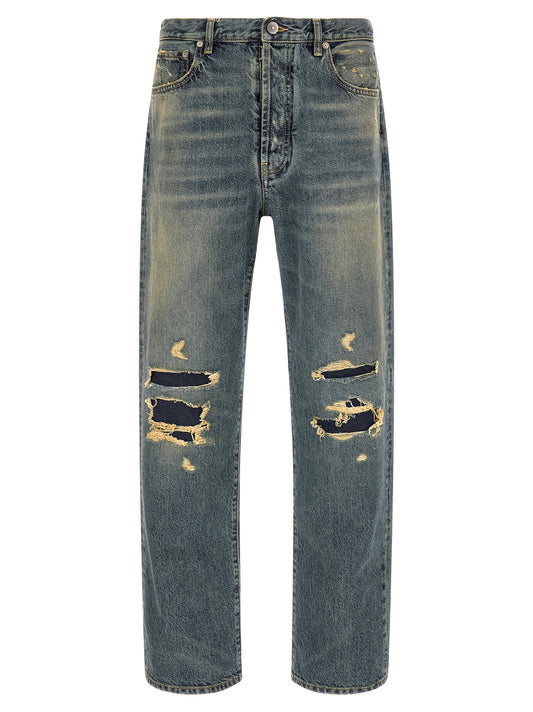 Jeans by Maison Margiela for men in dsitressed cotton denim light-blue, white & signature features an refined tailoring silhouette, showcasing a premium straight-leg with a and long cut for a refined tailoring look.