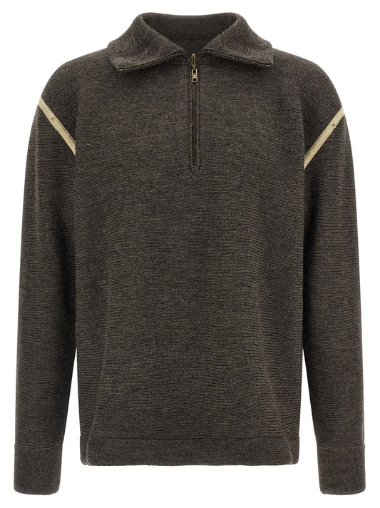 Cardigan by Maison Margiela for men in denim & wool gray, white & signature showcases a captivating silhouette, artfully detailed with a captivating and high-neck neckline for a truly sophisticated captivating look.