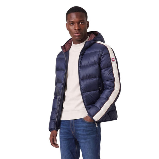 Hooded Puffer Jacket by Colmar Originals for men in polyamide blue, signature & striped showcases a bohemian silhouette, artfully detailed with a bohemian hooded neckline and signature lightweight, pockets, hooded & insulated for a truly bohemian finish.