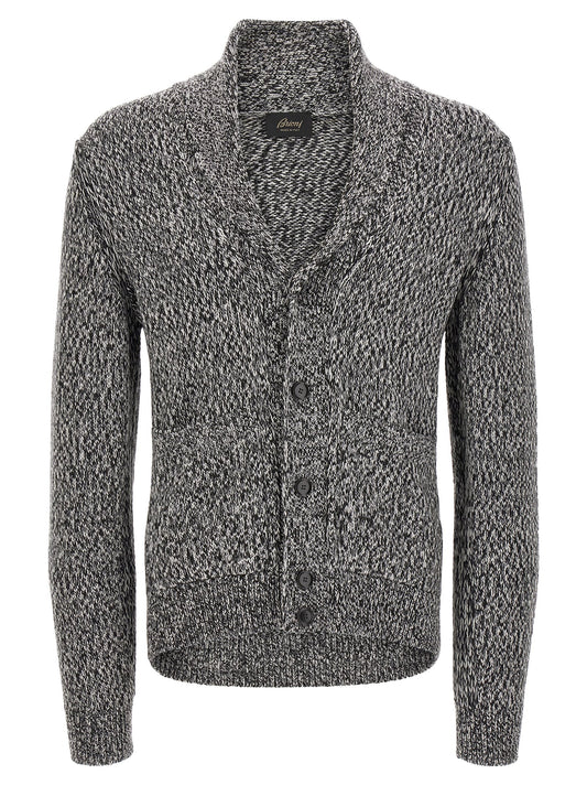 Cardigan by Brioni for men in virgin wool bicolour, black & white features an impeccable silhouette, showcasing a sophisticated shawl-collar neckline and detail for a truly impeccable finish.