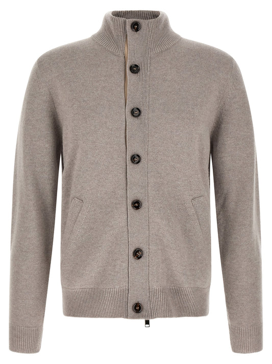 Cardigan by Brioni for men in cashmere beige showcases a captivating silhouette, artfully detailed with a captivating and for a truly sophisticated captivating look.