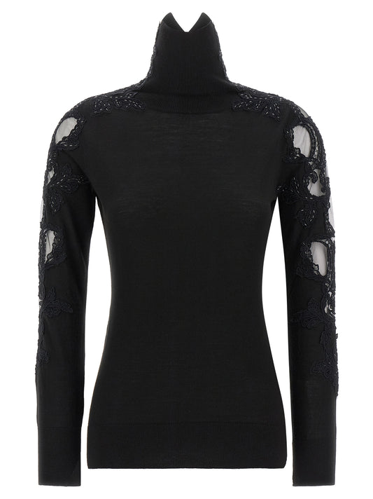 Cardigan by Ermanno Scervino for women in virgin wool lace mesh & crystal black & floral showcases a captivating silhouette, artfully detailed with a captivating long-sleeve and wrap high-neck neckline for a truly sophisticated captivating look.