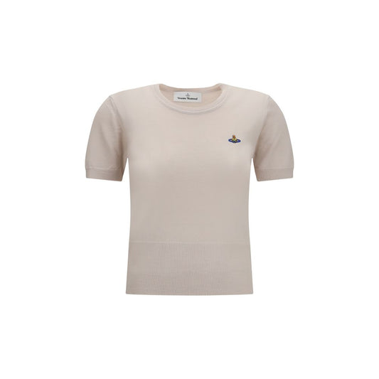 T-Shirt by Vivienne Westwood for women in merino wool beige & multicolor showcases a unassuming silhouette, artfully detailed with a refined round neckline and unassuming short-sleeve for a sophisticated, contemporary look.
