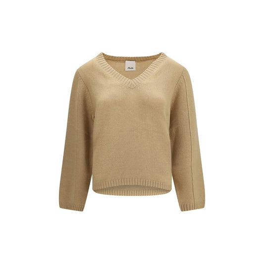 Sweater by Allude for women in cashmere beige features an tactile silhouette, showcasing a sophisticated v-neck neckline and tactile long-sleeve for a refined finish.