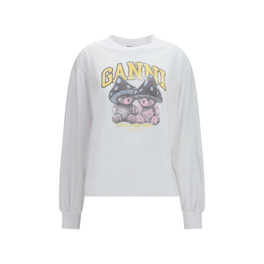 Activewear T-Shirt by Ganni for women in organic cotton white & print features a dynamic silhouette with long-sleeve and crew neckline enhanced by functional .