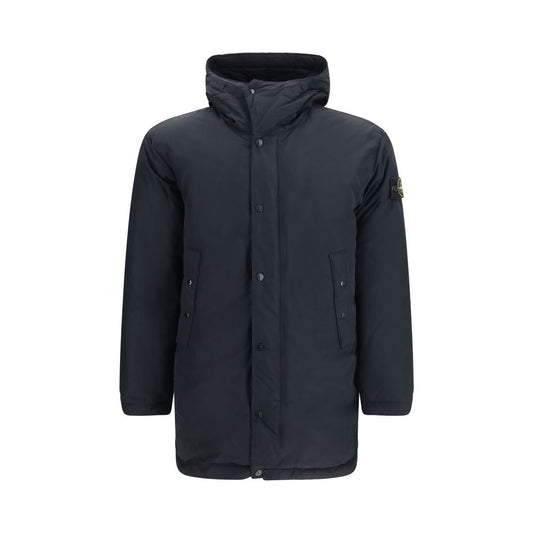 Hooded Puffer Jacket by Stone Island for men in polyester nylon & duck-down black features a dramatic silhouette, showcasing a sophisticated hooded neckline and distinctive pockets, hooded & insulated for a dramatic aesthetic.
