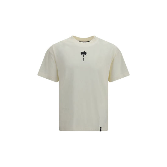 T-Shirt by Palm Angels for men in cotton beige, signature & print showcases a dramatic silhouette, elegantly detailed with a dramatic round neckline and short-sleeve for a truly dramatic finish.