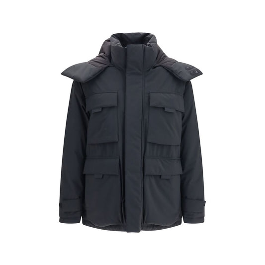 Hooded Windbreaker Jacket by LAMINAR for men in duck down goose down polyamide & polyester black features an magnificent silhouette, showcasing the sophisticated hooded neckline and functional windproof, pockets, hooded & insulated for a premium, magnificent look.