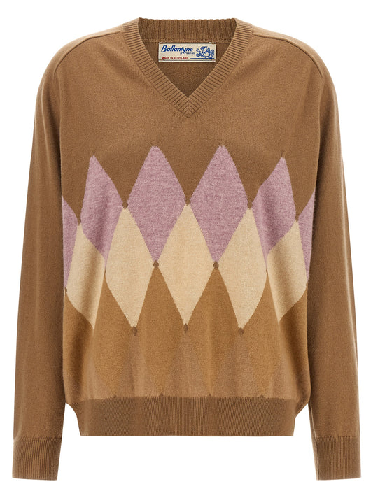 Cardigan by Ballantyne for women in cashmere beige, patterned, argyle & signature features a nuanced silhouette with a refined v-neck neckline and nuanced detailing for a sophisticated look.