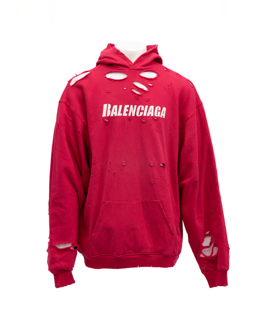 Sweatshirt Hoodie by Balenciaga for men in cotton red & signature features a slouchy chic silhouette, detailed with a slouchy chic and a signature hooded neckline for an elevated aesthetic.