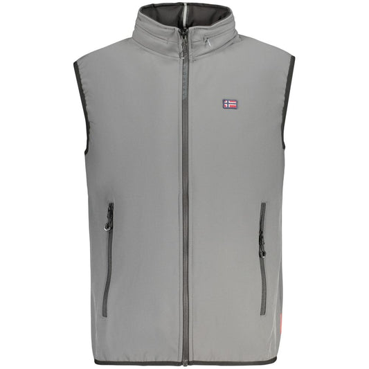 Hooded Vest by Norway 1963 for men in stretch polyester gray & signature showcases a dynamic silhouette, perfectly balancing pockets & hooded with a dynamic hooded neckline for a sophisticated, high-fashion look.