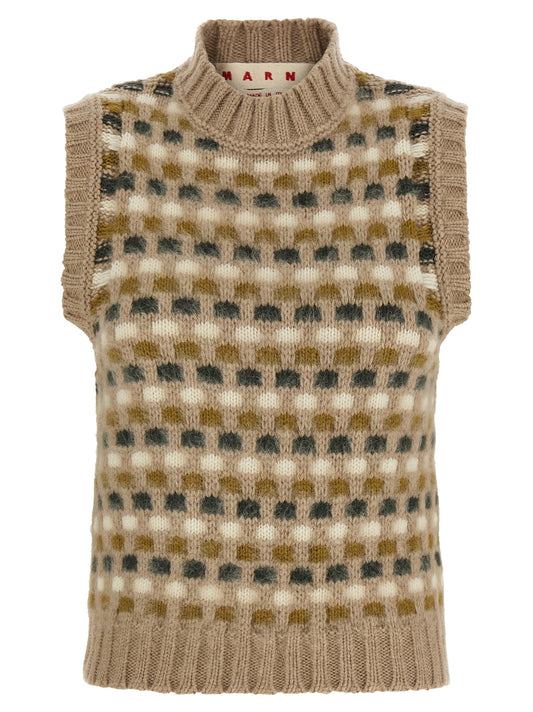 Vest by Marni for women in polyamide cashmere wool & mohair beige, dark-gray, green, olive, patterned & striped showcases a utilitarian silhouette, artfully incorporating and a utilitarian high-neck neckline for a truly utilitarian finish.