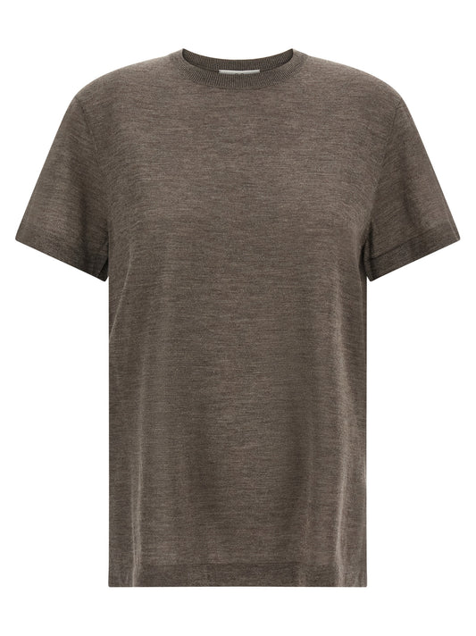 Blouse by CO for women in cashmere cotton blend brown showcases a sharp silhouette, elegantly detailed with a sharp round neckline and sharp short-sleeve.