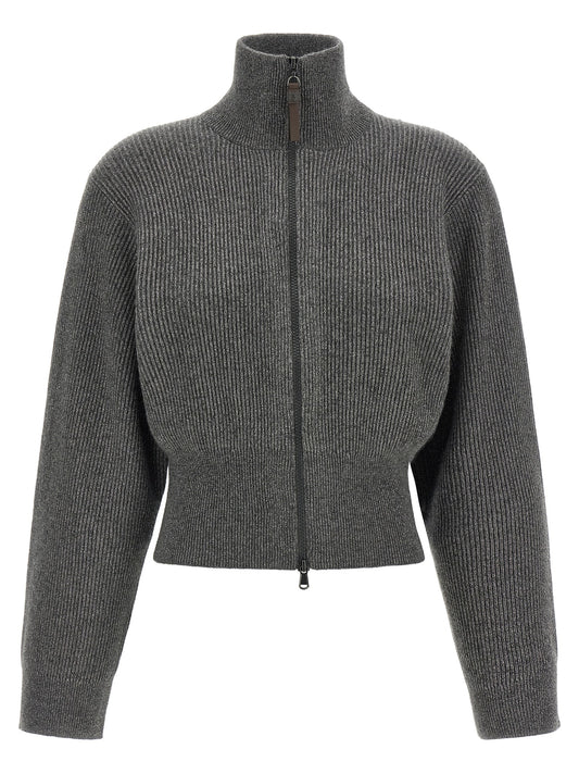 Cardigan by Brunello Cucinelli for women in cashmere leather viscose & metallized fiber dark-gray & gray features a dramatic silhouette, showcasing a sophisticated high-neck neckline and dramatic detail for a timeless, premium look.