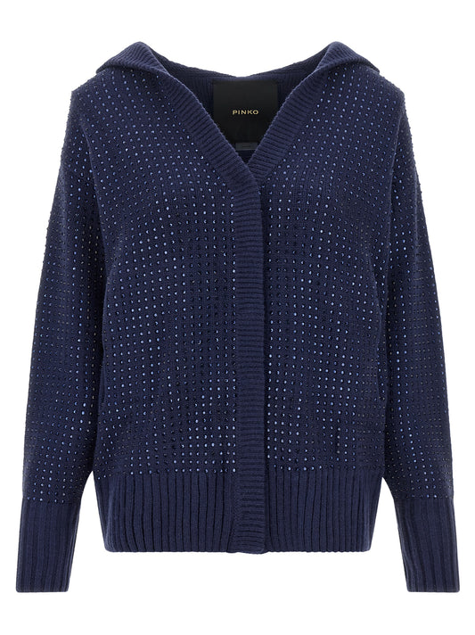 Hooded Cardigan by PINKO for women in plush polyamide rhinestone & wool navy features an crisp silhouette, showcasing a sophisticated hooded neckline and detail for a truly crisp finish.