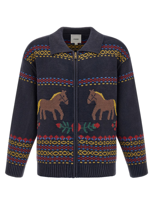 Cardigan by FOUND for men in acrylic cotton & metal navy, patterned & jacquard features an impeccable silhouette, showcasing a sophisticated and detail for a truly impeccable finish.