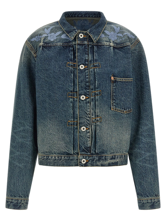 Trucker Jacket by Kenzo for men in cotton denim blue, silver & floral presents a effortlessly chic silhouette, showcasing a sophisticated and premium pockets for a truly effortlessly chic finish.