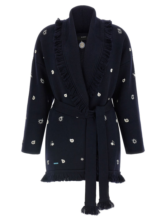 Cardigan by Alanui for women in virgin wool blue, jacquard & signature features a nuanced silhouette with a refined round shawl-collar neckline and nuanced detailing for a sophisticated look.