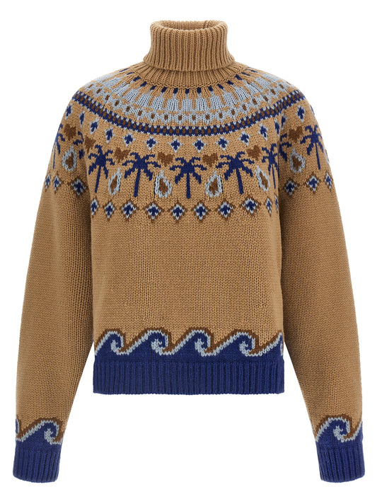 Cardigan by Alanui for women in virgin wool beige, camel, patterned & jacquard showcases a luxurious silhouette, meticulously detailed with a sophisticated turtle high-neck neckline and for a refined finish.