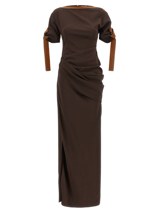 Ferragamo Play Women's Boat Neck Leather Viscose & Elastane Long Dress - Brown