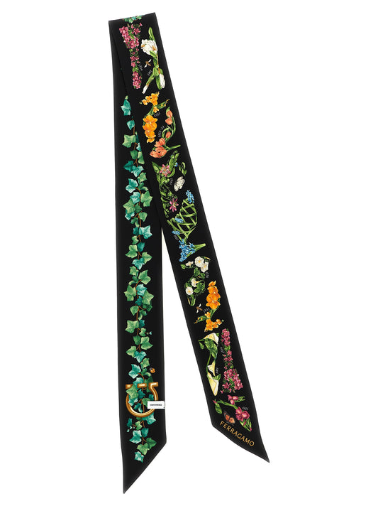 Scarf by Ferragamo for women in silk black, multicolor & print showcases a eye catching silhouette, artfully capturing the essence of the eye catching Gancini Ivy Silk Foulard Scarf design for a sophisticated look.