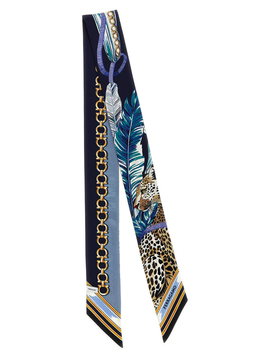 Scarf by Ferragamo for women in silk navy & striped showcases a warm silhouette from the Gancini Silk Foulard Scarf collection, offering a warm drape that exudes sophisticated luxury.