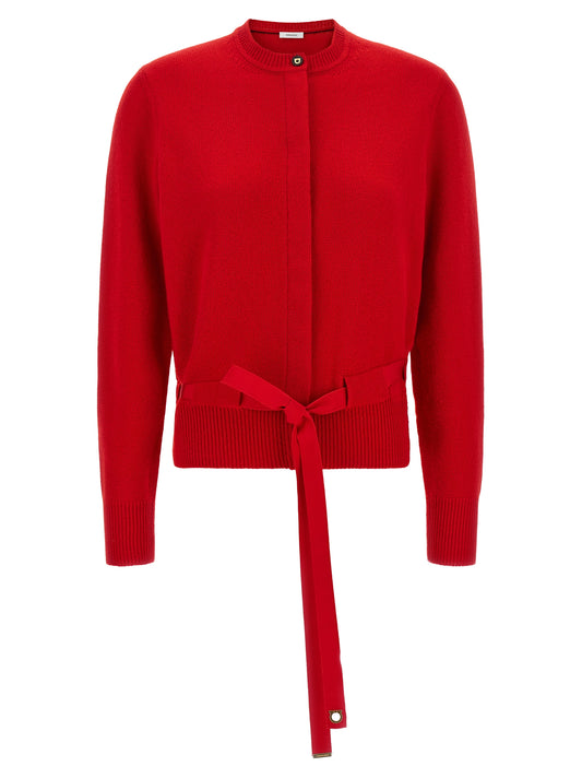 Cardigan by Ferragamo for women in cashmere gold & red presents a textural silhouette, artfully finished with a textural and for a sophisticated, textural look.