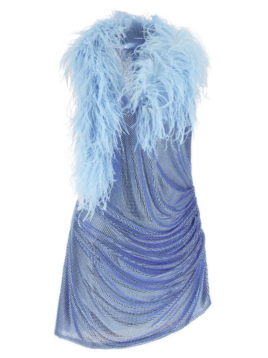 Dress by Giuseppe Di Morabito for women in polyamide mesh & feathers light-blue & patterned features a dramatic silhouette, showcasing an elegant v-neck plunging neckline and sleeveless that flows into a dramatic short.
