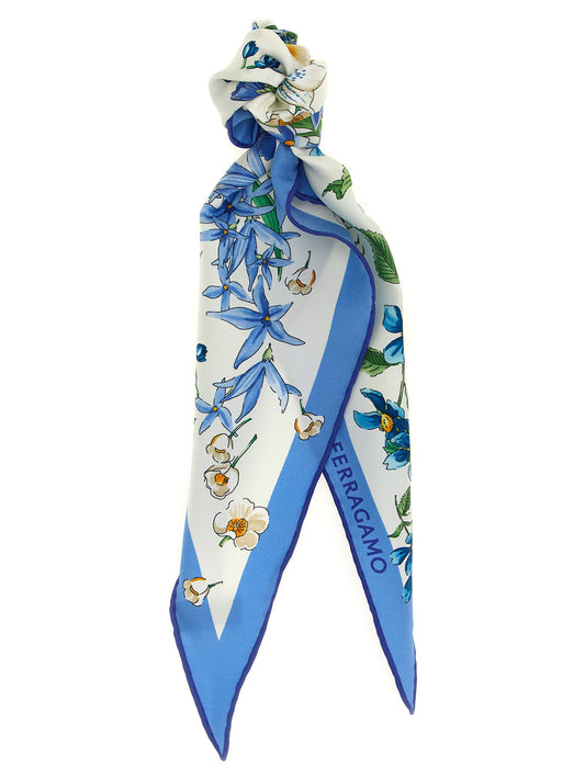 Scarf by Ferragamo for women in silk blue, white, floral & print presents a effortlessly chic silhouette, artfully capturing the essence of the effortlessly chic Silk Foulard Scarf design for a sophisticated look.