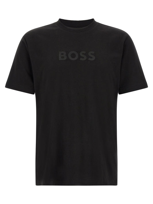T-Shirt by Hugo Boss for men in cotton black showcases a dramatic silhouette, elegantly detailed with a dramatic crew neckline and short-sleeve for a truly dramatic finish.