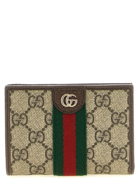 Cardholder Card Case by Gucci for women in leather metal & polyethylene beige, brown, ebony, gold, green & red features a sleek silhouette, showcasing the sleek design of the Gg Ophidia Ribbon Leather Metal & Polyethylene Cardholder Card Case with functional card-organization coin-purse for a premium look.