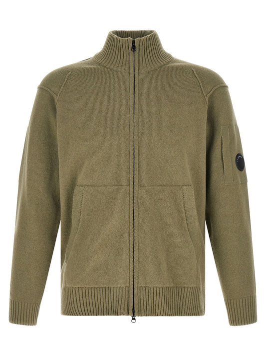 Cardigan by C.P. Company for men in wool bicolour, green & olive features a dramatic silhouette, showcasing a sophisticated high-neck neckline and dramatic detail for a timeless, premium look.