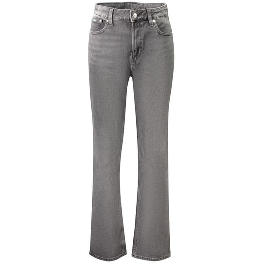 Jeans by Calvin Klein for women in stretch denim cotton black features an sartorial straight-leg and long with a high rise cut for a sartorial finish.