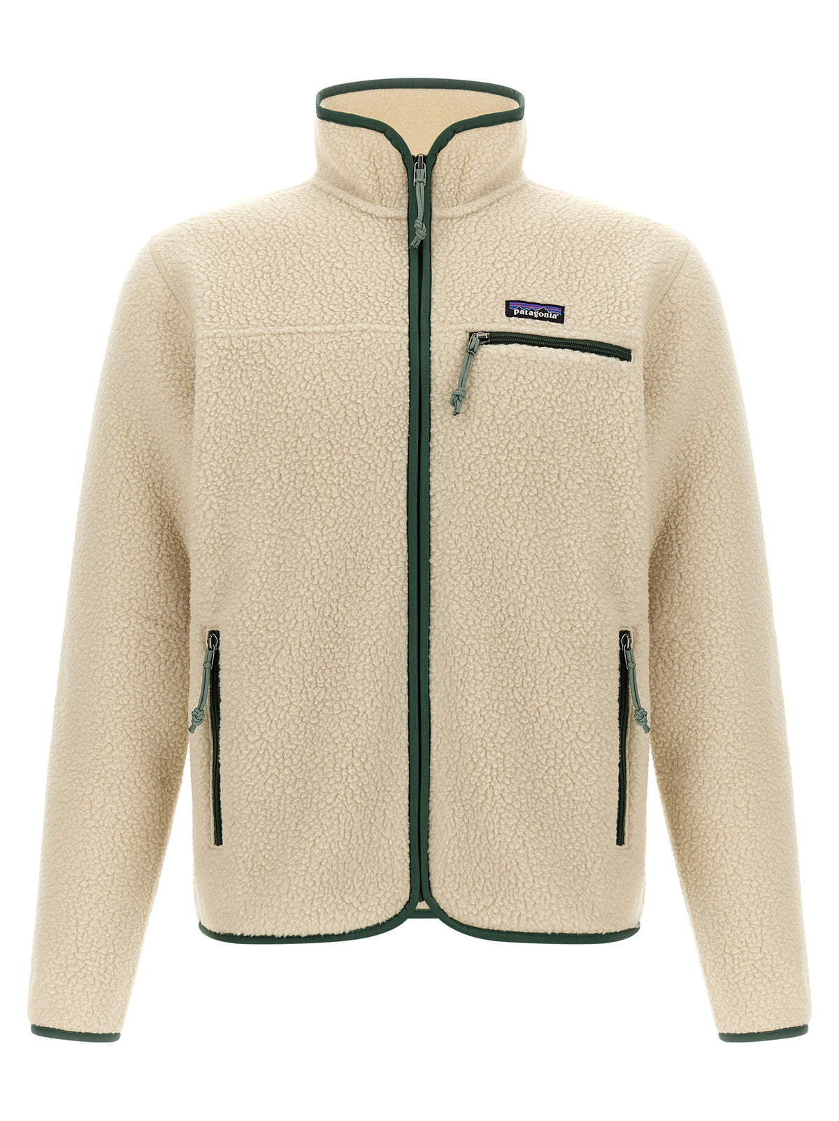 Overcoat by PATAGONIA for men in polyester beige & dark-green features an satoral silhouette, showcasing a sophisticated wrap neckline and satoral pockets for a premium, timeless look.