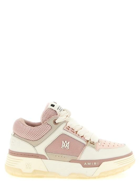 Sneakers by Amiri for women in calf leather & modacrylic cream, multicolor, pink & signature presents a sumptuous silhouette, artfully capturing the essence of the Women's Chunky Calf Leather & Modacrylic Sneakers with its sumptuous chunky style design.
