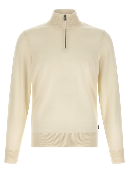 Cardigan by Hugo Boss for men in virgin wool beige & black features a dramatic silhouette, showcasing a sophisticated mock neckline and dramatic detail for a timeless, premium look.