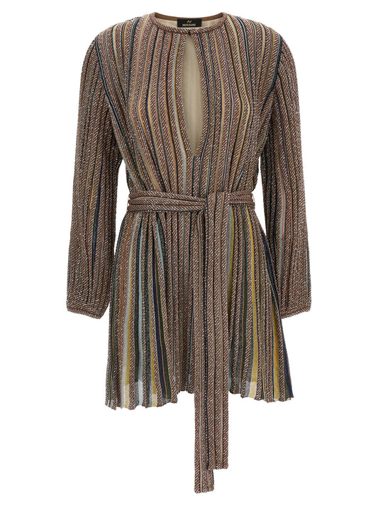 Dress by Missoni for women in metallized fiber polyamide & viscose multicolor, patterned & striped features a dramatic silhouette, showcasing an elegant round split neckline and that flows into a dramatic short mini.