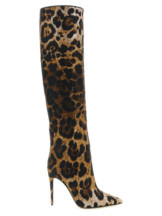 Stiletto Over-The-Knee Boots by Dolce & Gabbana for women in metal polyester & silk gold, multicolor & jacquard features an dynamic silhouette, showcasing the dynamic Women's Metal Polyester & Silk Stiletto Over-The-Knee Boots design with its distinctive stiletto and elegant .
