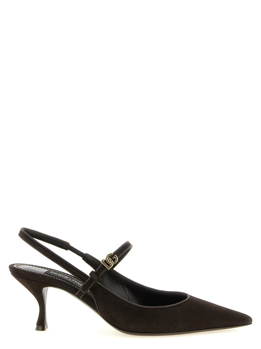 Mid-Heel Slingback Pumps Heels by Dolce & Gabbana for women in goat lamb nappa & suede leather brown, gold & monogram features an captivating silhouette, showcasing the elegant Women's Goat Lamb Nappa & Suede Leather Mid-Heel Slingback Pumps Heels design with a mid-heel and a sophisticated .