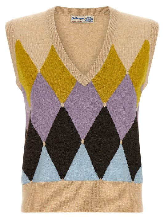 Vest by Ballantyne for women in cashmere beige, multicolor & patterned features an on trend silhouette, showcasing a sophisticated v-neck neckline and premium for a truly on trend finish.